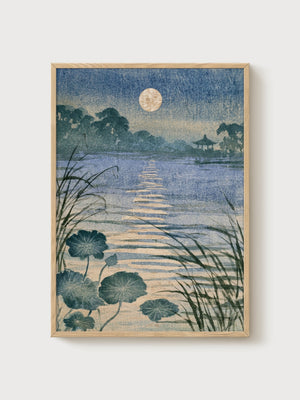 Moon Lotus Pond Print poster in oak frame
