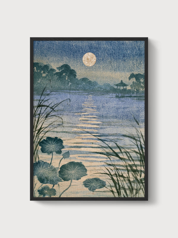 Moon Lotus Pond Print poster in black frame