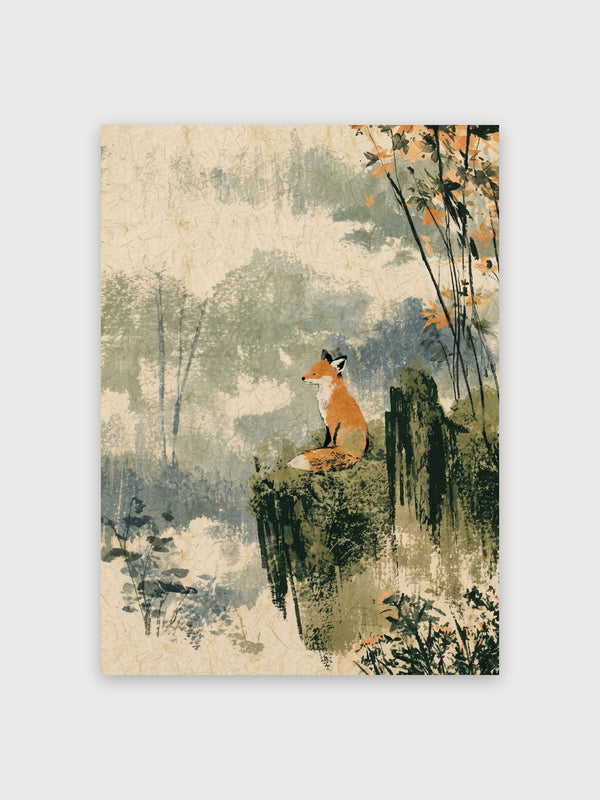 Fox In Misty Forest Watercolor - Digital Download