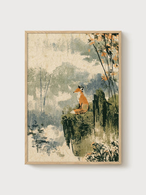 Fox Art Print poster in oak frame
