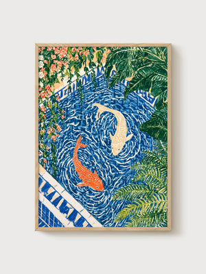 Koi Fish Wall Art poster in oak frame