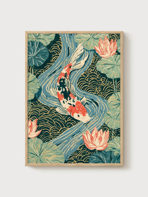 Koi Fish Print poster in oak frame