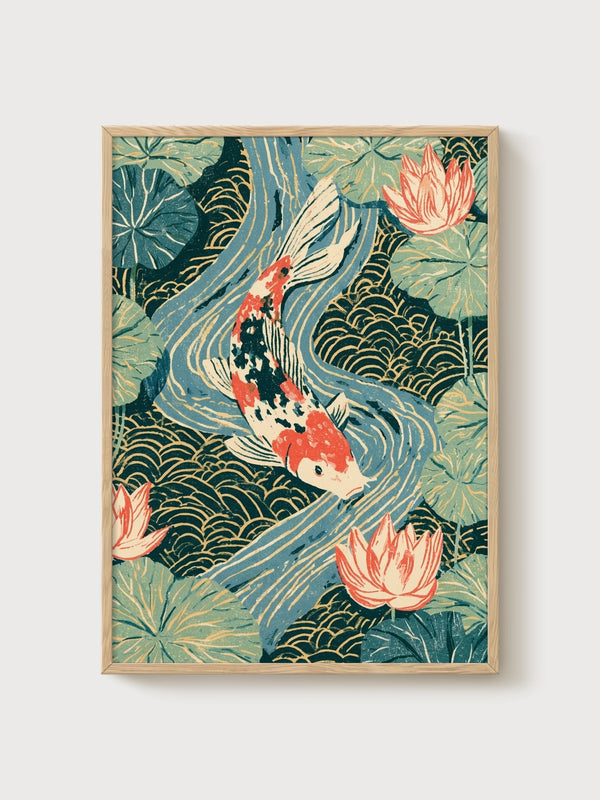 Koi Fish Print poster in oak frame