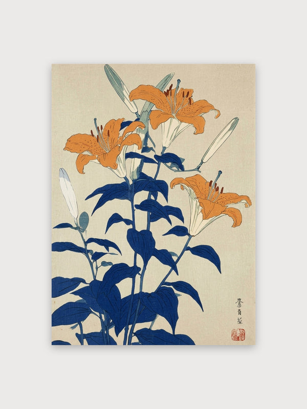 Orange Lilies Blue Stems Japanese Woodblock - Digital Download