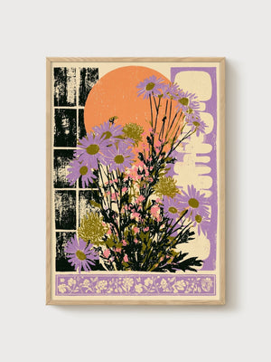 Retro Daisy Bouquet Botanical Print poster in oak frame
