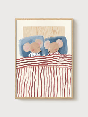 Watercolor Mice Sleeping in Bed Print poster in oak frame