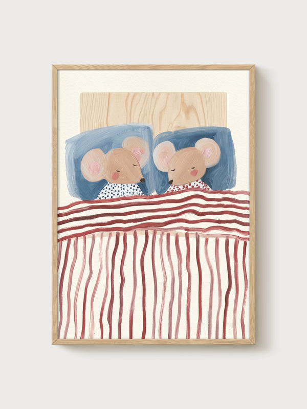 Watercolor Mice Sleeping in Bed Print poster in oak frame