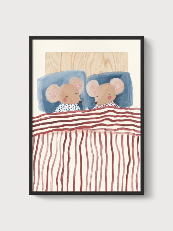 Watercolor Mice Sleeping in Bed Print poster in black frame