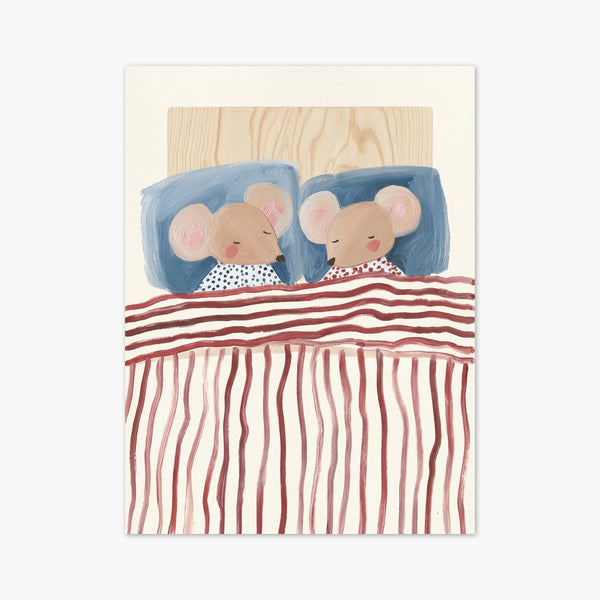 Watercolor Mice Sleeping in Bed Print art print
