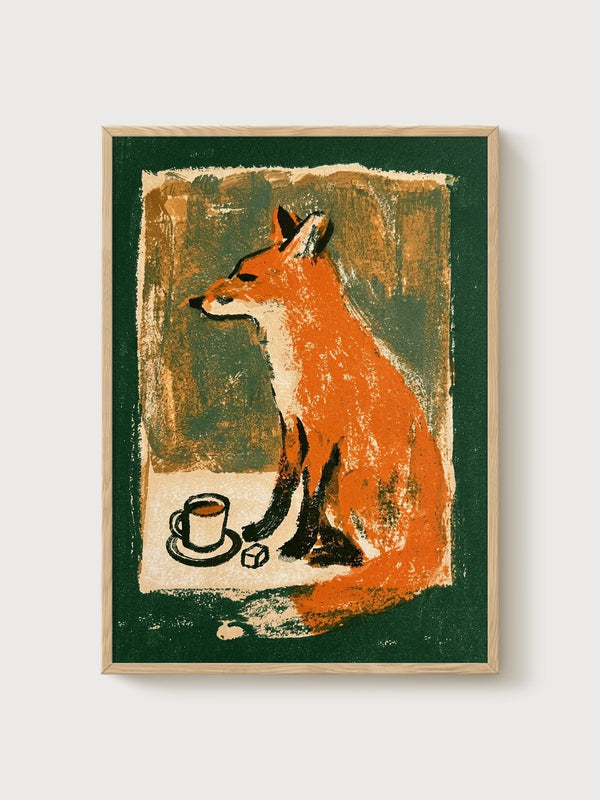 Fox Art Folk Print poster in oak frame