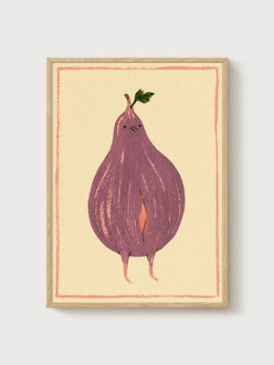 Whimsical Fig Fruit Character Print poster in oak frame