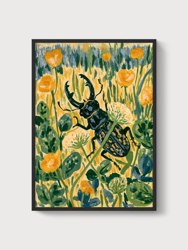Stag Beetle Garden Art Print poster in black frame