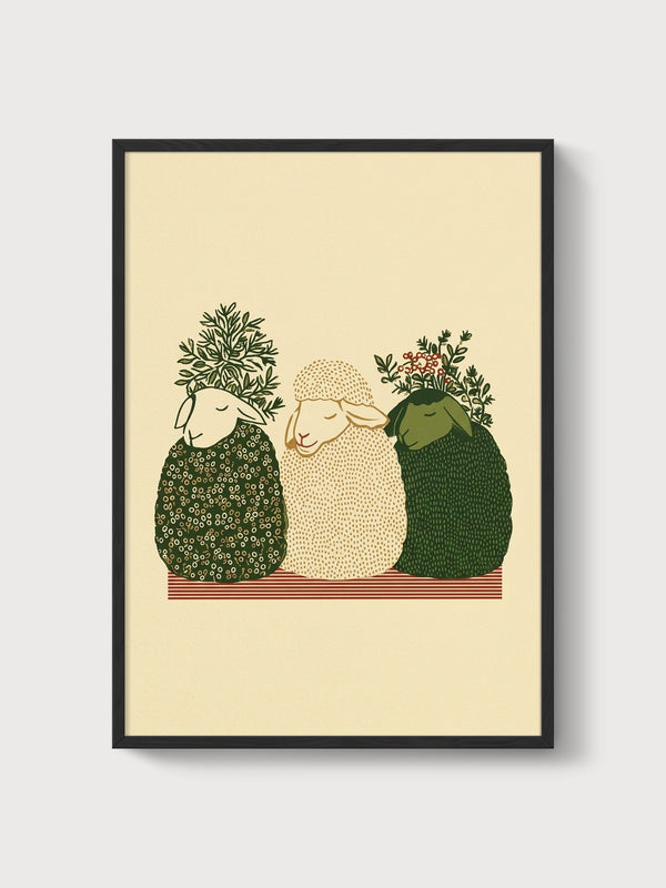 Boho Sheep Trio Folk Art Print poster in black frame