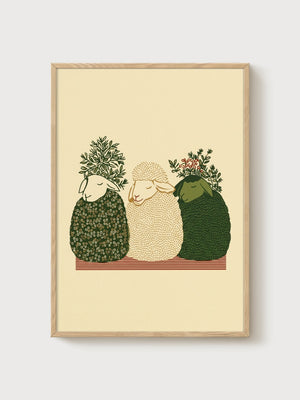 Boho Sheep Trio Folk Art Print poster in oak frame