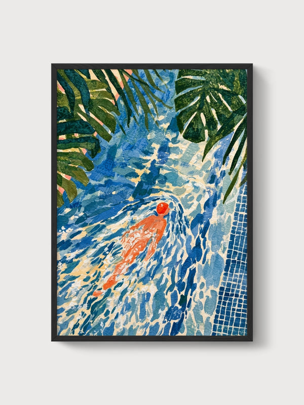Zen Swimmer Pool Art poster in black frame