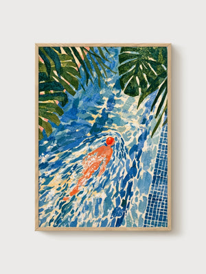 Zen Swimmer Pool Art poster in oak frame