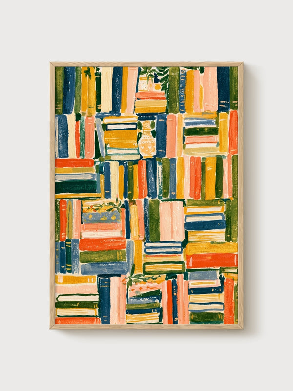 Bookshelf Decor Print poster in oak frame