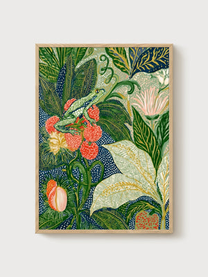 Frog Botanical Print poster in oak frame