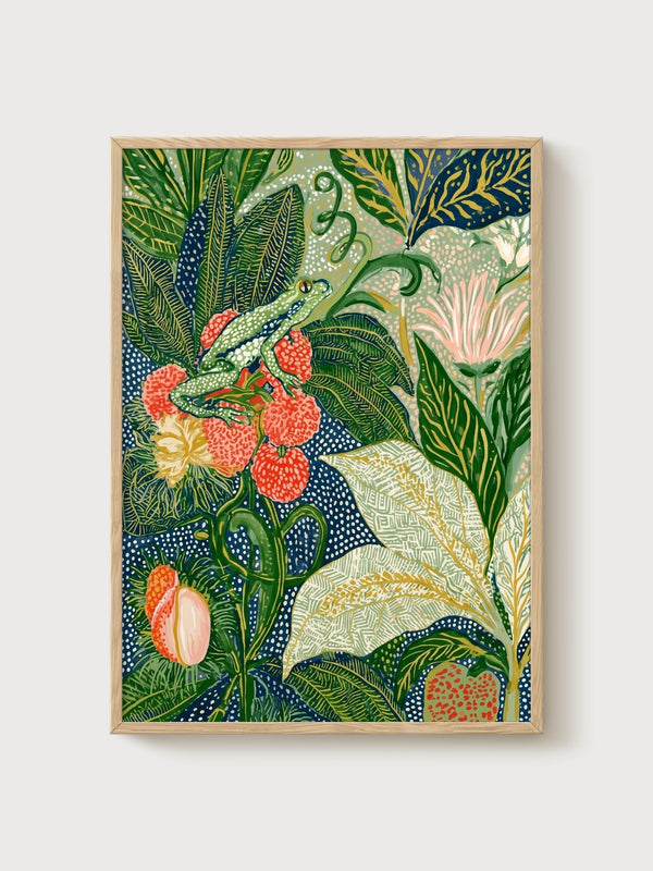 Frog Botanical Print poster in oak frame