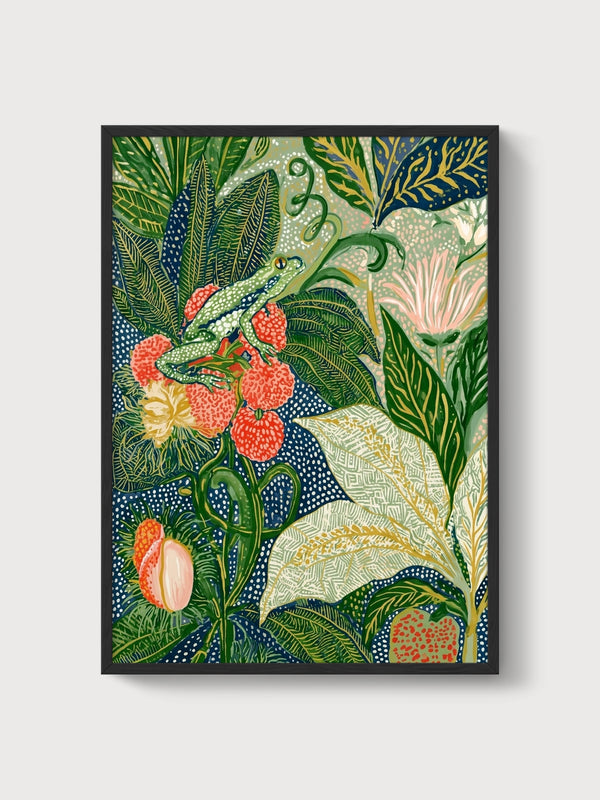 Frog Botanical Print poster in black frame