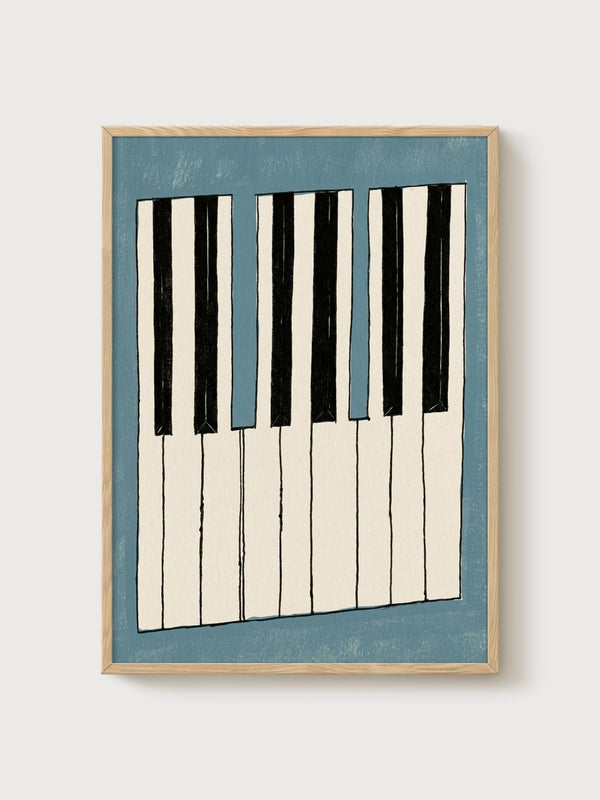 Piano Keys Line Art poster in oak frame