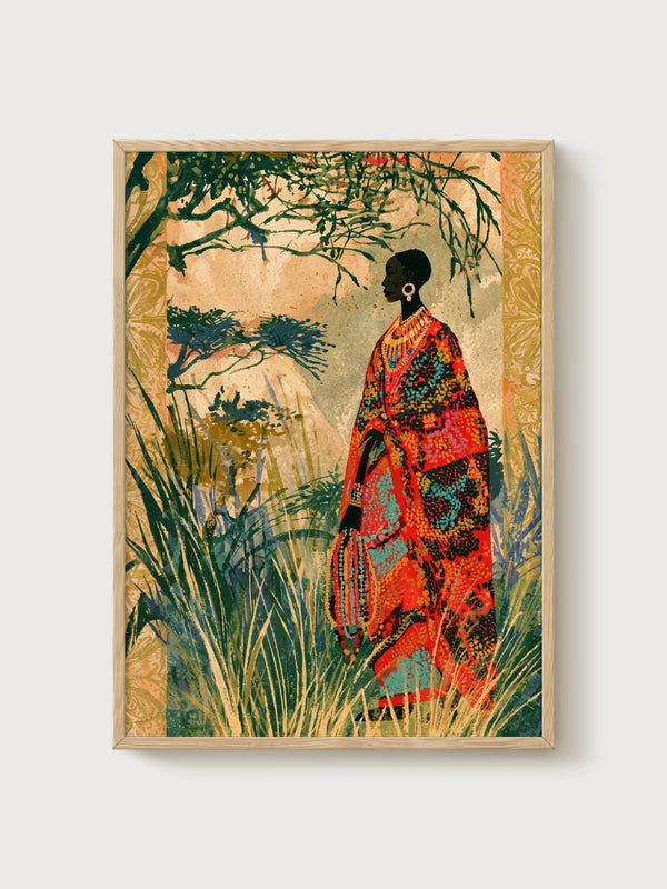 African Folk Art Print poster in oak frame