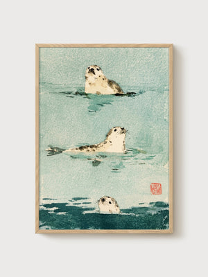 Seal Print Watercolor Painting poster in oak frame