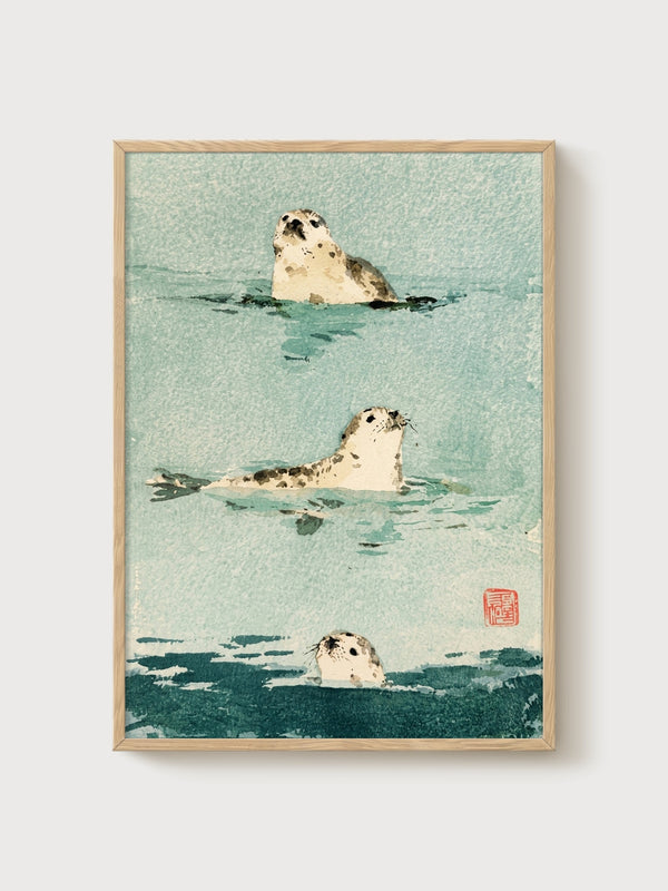 Seal Print Watercolor Painting poster in oak frame