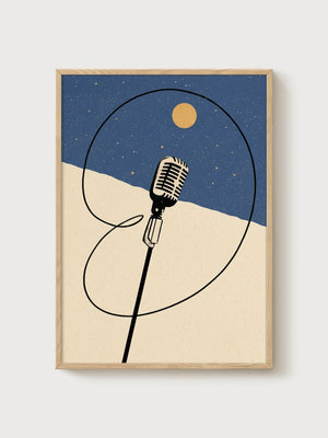 Vintage Microphone Moon Poster poster in oak frame