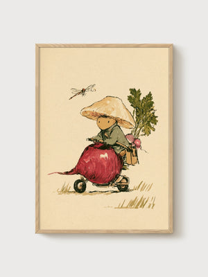Whimsical Radish Rider Dragonfly Poster poster in oak frame