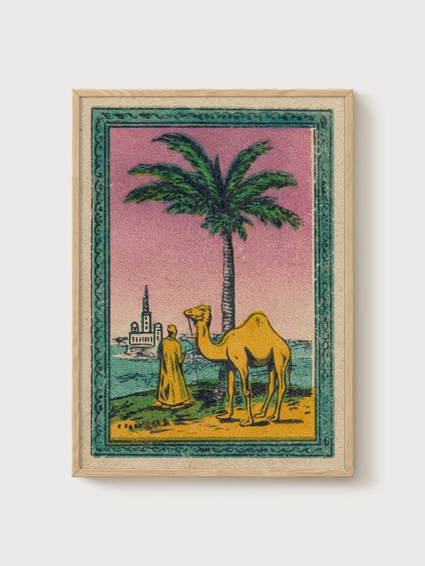 Vintage Camel Oasis Print poster in oak frame