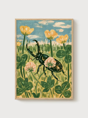 Stag Beetle Print poster in oak frame
