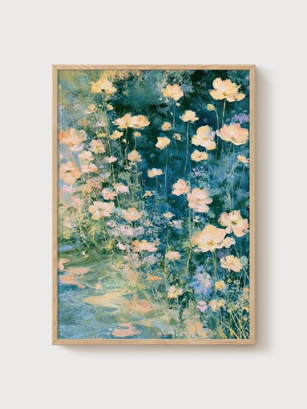Watercolor Flowers Print poster in oak frame