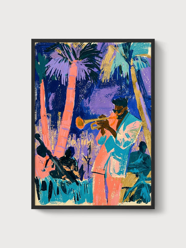 Tropical Jazz Musicians Poster poster in black frame