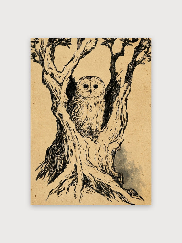 Owl In Tree Line Art - Digital Download
