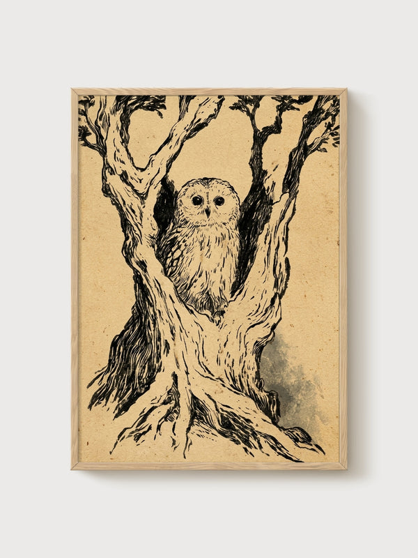 Owl Wall Art poster in oak frame