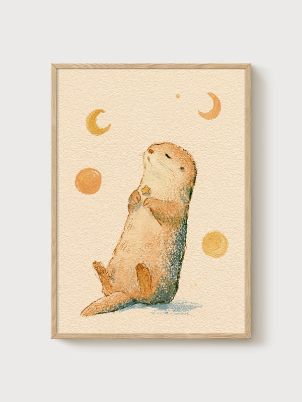 Watercolor Otter Print poster in oak frame