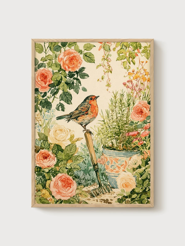 Vintage Bird Print poster in oak frame