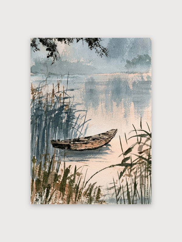 Misty Lake Boat Reeds Watercolor - Digital Download