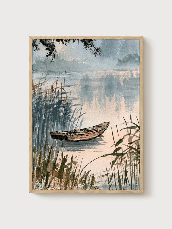 Watercolor Landscape Print poster in oak frame