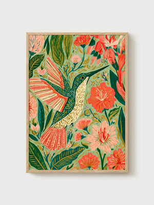 Hummingbird Art Print poster in oak frame