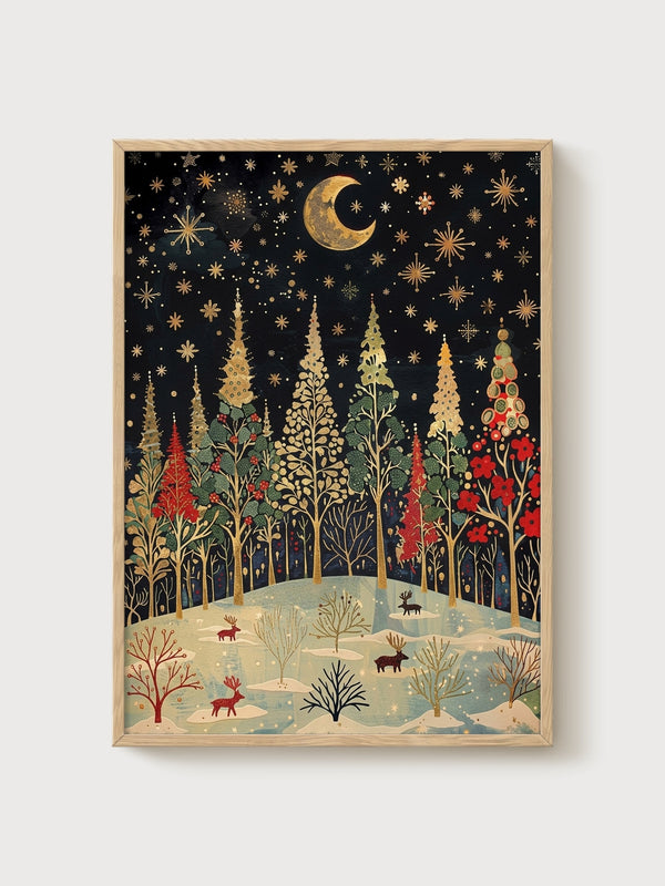 Golden Moon Forest Wall Art poster in oak frame