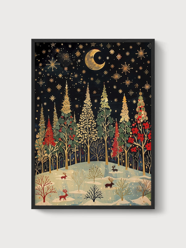 Golden Moon Forest Wall Art poster in black frame