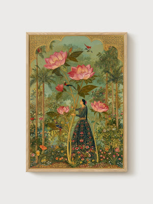 Lotus Flower Garden Print poster in oak frame