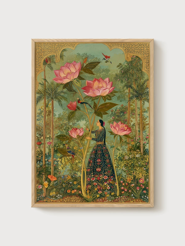 Lotus Flower Garden Print poster in oak frame