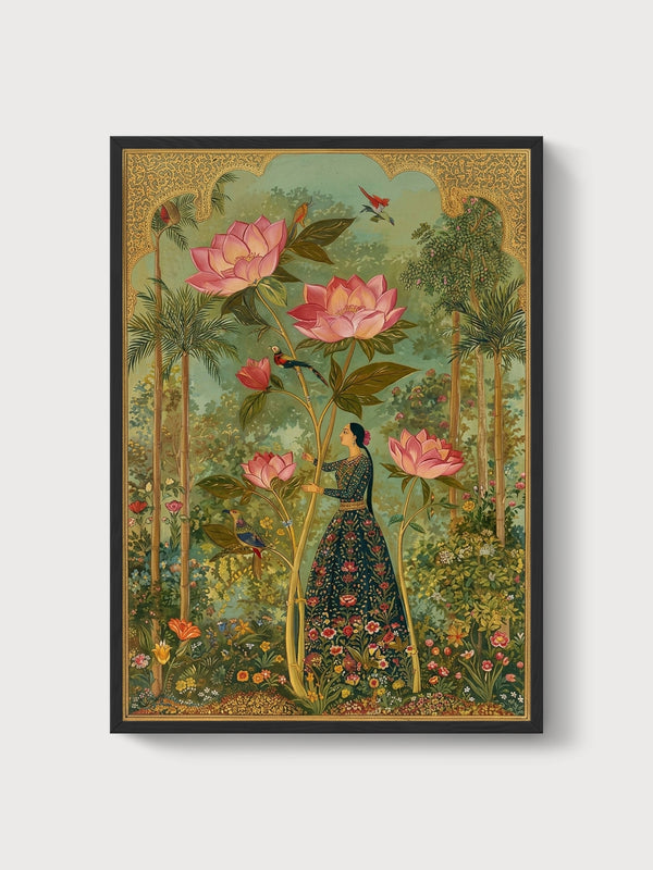 Lotus Flower Garden Print poster in black frame
