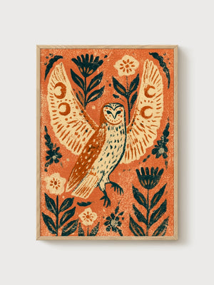 Owl Wall Art poster in oak frame