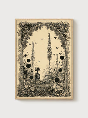 Gothic Skeleton Garden Print poster in oak frame