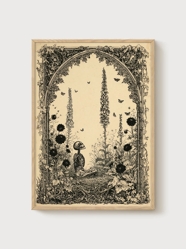 Gothic Skeleton Garden Print poster in oak frame