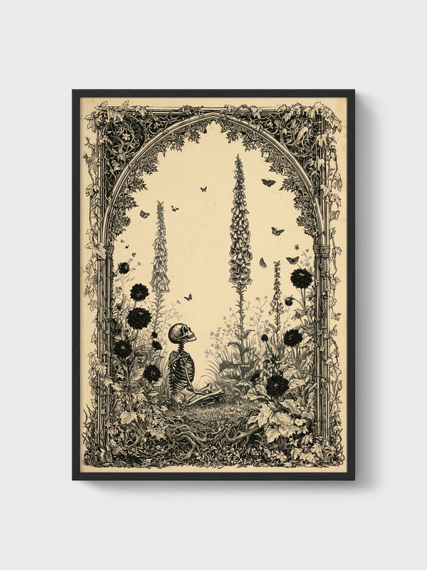 Gothic Skeleton Garden Print poster in black frame